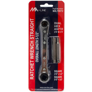 MA-Line MA-70072 Ratchet Wrench with Adaptors. Straight 5-1/2in. One end Square 3/16in and 1/4in. One end Square 3/16in and 5/16in. Hex Adaptors 3/16in and 5/16in