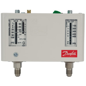 Danfoss 060-5249 KPU15B Dual Pressure Switch, Low 10 to 60 psi, High 100 to 465 psi, SPST (NO+NC), Auto Manual Max Reset, 1/4 in Male Flare Connections