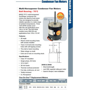 MARS 20471 1/4-3/4HP Multi HP 1075rpm Motor para Unidad Condensadora de Aire Acondicionado 6 poles, 1 eje, Cerramiento TEAO, 2 velocidades, Marco 48, Reversible, 208-230 V,60 Hz,1 Ph, Capacitor 15mfd/440VAC MARS 20471 1/4-3/4HP Multi HP 1075rpm Motor para Unidad Condensadora de Aire Acondicionado 6 poles, 1 eje, Cerramiento TEAO, 2 velocidades, Marco 48, Reversible, 208-230 V,60 Hz,1 Ph, Capacitor 15mfd/440VAC