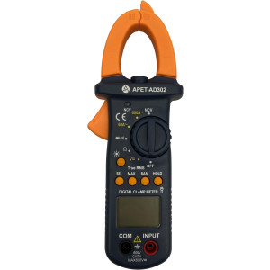 Appli Parts APET-AD302 Pinza amperimetrica digital multifuncional avanzada AC/DC con pantalla LCD de alta resolucion, deteccion NCV, prueba de continuidad, linterna y bolsa de transporte suave