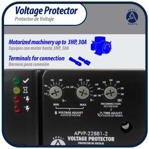 Appli Parts APVP-22BB1-2 220 V Voltage Surge Protector with Adjustable Range and Reconnecting Time, 50-60Hz 1Ph 30A works with all electric appliances and units with rated electrical consumption