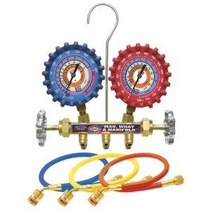 Uniweld QS4L5HEZ 2 Valve Brass Manifold Qs4l3hez (R-410a/R-22/R-404a) Psi/ F Uniweld 5ft Soft Barrier Hoses W/ Ez Turn