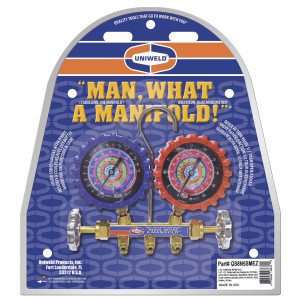 Uniweld QS8N5SMEZ Brass Body Manifold with 3-1/8 in NPF Gauges, 5 ft EZ-Turn Anti-Blowback Hose Set, with R-410A,R-22,R-404A,R-134a, F and PSI Scales 48672