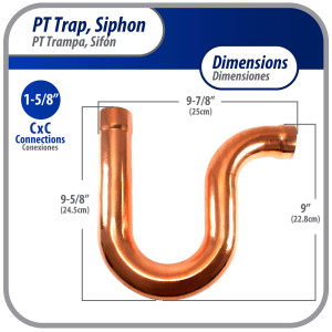 Appli Parts AP-PT158 1-5/8 in Wrot Copper Suction P-Trap ODF CxC connections for refrigeration, air conditioning and plumbing applications ACR and Type L copper pipe Appli Parts AP-PT158 1-5/8 in Wrot Copper Suction P-Trap ODF CxC connections for refrigeration, air conditioning and plumbing applications ACR and Type L copper pipe