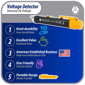 Appli Parts APET-TE1 Detector probador de voltaje de AC sin contacto con linterna LED y alarma de zumbador, para deteccion de cables vivos y neutros en circuitos de CA 12-1000 V Appli Parts APET-TE1 Detector probador de voltaje de AC sin contacto con linterna LED y alarma de zumbador, para deteccion de cables vivos y neutros en circuitos de CA 12-1000 V