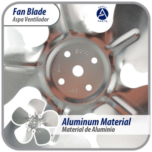 Appli Parts APFB-A08CCW Aspa de Aluminio 8 in, 200 mm, CCW, 28 grados, sin buje, 5 huecos, 5 aletas